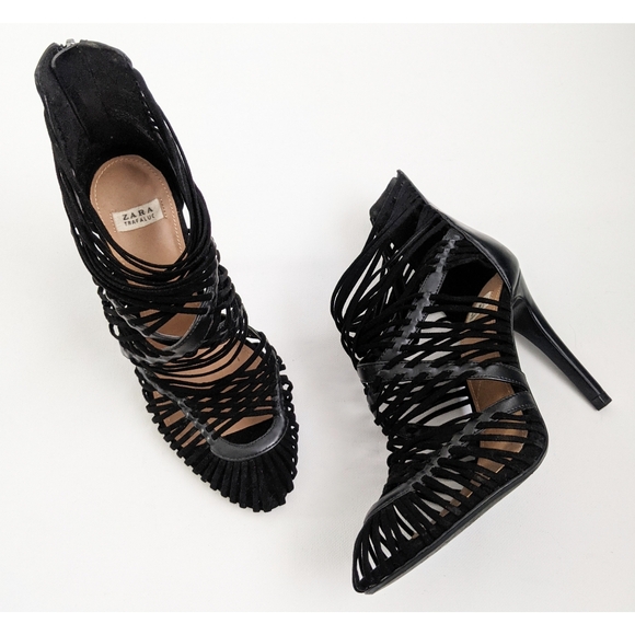 Zara Black Suede Leather Strappy Gladiator Bootie Style Heels1